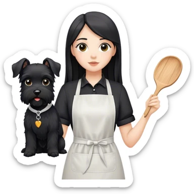 pale girl with long back hair wearing black long shirt wearing apron holding black  schnauzer sticker