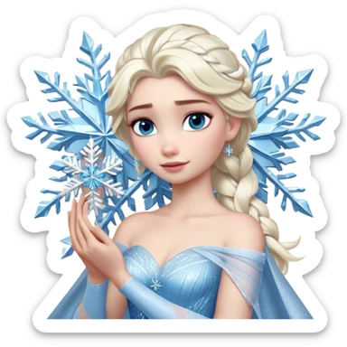 Cinematic Realistic Elsa Portrait, depicted with lifelike skin texture, soft natural lighting, and intricately detailed platinum blonde hair styled elegantly. Her striking, expressive blue eyes exude confidence and grace, complemented by a serene and regal expression. She holds a shimmering snowflake delicately in one hand, her other hand resting against her gown, embodying the power and beauty of winter. She is dressed in her signature icy attire, with shimmering fabric textures and delicate folds that catch the light beautifully. The portrait features a soft, enchanting glow with a cool, radiant finish, capturing the essence of timeless elegance in a realistic and painterly style. sticker