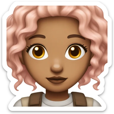 medium tan girl, pale pink and orange hair, wavy hair, brown eyes and long lashes, small plump lips with cherry tint, pink blush cute, brown eyeliner, mole in the cheek, lip piercing, cute grunge clothes sticker