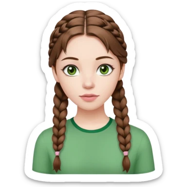 create an emoji of a young woman. She has a nice look, with long brown hair in a braid, dark green eyes, pale skin, natural soft pink lips. she wears a green y2k top sticker