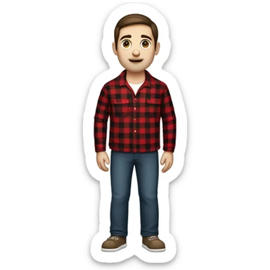 Man with straight brown hair and brown eyes wearing red and black buffalo plaid pjs. White skin. Full body. sticker