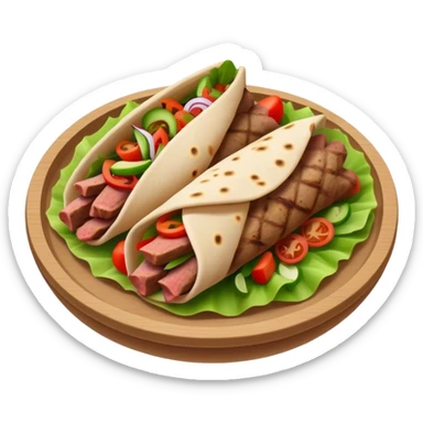 Cinematic Realistic Gyros Dish Emoji, showcasing succulent, spiced meat wrapped in pita with fresh vegetables rendered with lifelike detail and dynamic, appetizing lighting. sticker