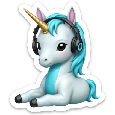 Unicornio bebé cyan sentado escuchando música con auriculares negros sticker