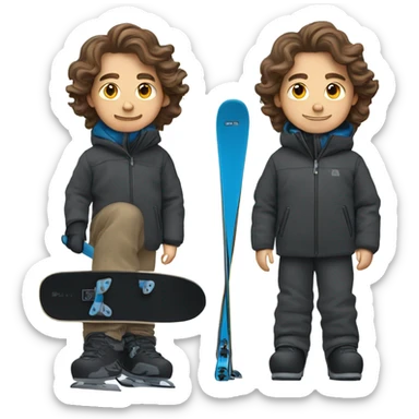 1 white Boy with wavy brown hair skiing with blue skis. He is wearing all black snow pants and a gray jacket   sticker