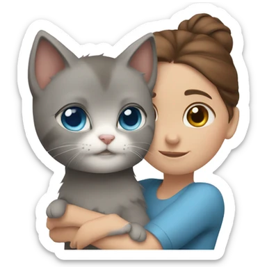 blue eyes grey kitten and brown hair girl hugs sticker