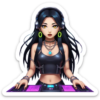 Korean techno DJ girl, wearing a stylish edgy outfit with metallic chains, long black hair, performing in a neon-lit underground club, cyberpunk aesthetic, high-detail 3D emoji style, energetic and intense vibe. sticker