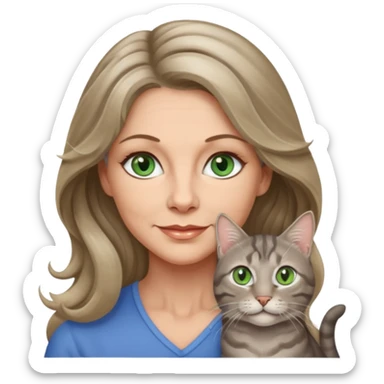 beautiful 50 yr old woman, long wavy dark blonde hair, blue green eyes with one beautiful gray tabby cat with olive eyes sticker
