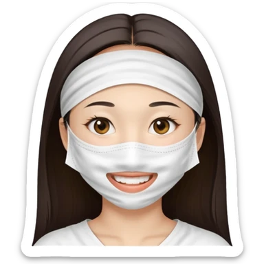 Smiling Asian girl with large white sheet mask pack sticker