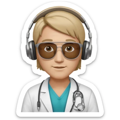 White tesla model 3 with a cool physician with dark blond hair, beats and sunglasses next to it sticker