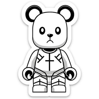 Lego style bearbrick with X crosses as eyes, enlarged ears, oversized boots, long thin limbs, exaggerated comic proportions, blocky Lego joints sticker