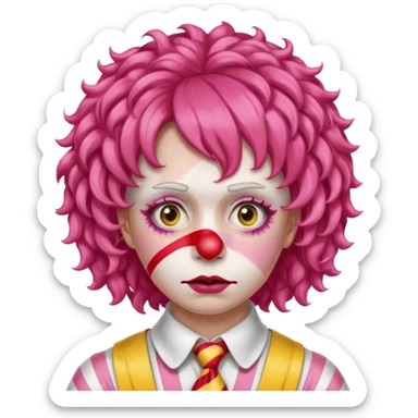 Pink curly wig.

White face paint with red nose and makeup.

Wearing a red-and-yellow striped costume with a white collar.

Wide-eyed, sad expression. sticker
