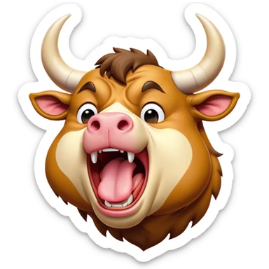 Cinematic Cute Yawning Domestic Bull Portrait Emoji, Head tilted slightly with a dramatic, wide-open yawn, showcasing a robust, muscular frame with a soft, downy coat and subtly drooping horns, round eyes barely open in drowsy contentment, Simplified yet irresistibly adorable features, highly detailed, glowing with a soft, cozy natural glow, high shine, relaxed yet expressive, stylized with a dash of rustic whimsy, soft glowing outline, capturing the essence of a sleepy yet affectionate domestic bull that seems ready to stretch out and settle for a nap! sticker