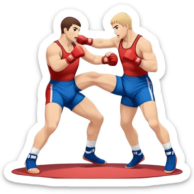 Two Sambo fighters in blue and red gis with shorts and wrestling shoes, executing gripping and throwing techniques. The fighters are engaged in a dynamic, action-packed moment with no strikes. The background features a wrestling mat, focusing on the technique and control. Transparent background  sticker