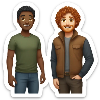 Create an emoji of a couple: a woman with curly log red hair and brown eyes, and a man with short straight black hair and light brown skin. Both should be smiling warmly and standing close together, embracing each other affectionately sticker