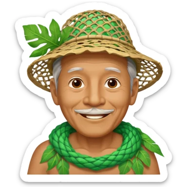 Hawaiian old man with leaf hat and big trash net and colorful cloth sticker