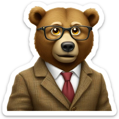 Brown bear animal dressed as a university professor wearing tweed suit and clear yellow plastic thick-rimmed glasses sticker