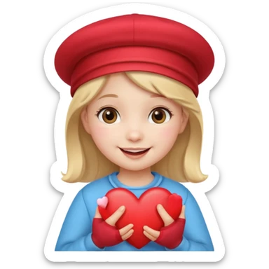 a little girl holding a heart, a cute and cheerful face, wearing a hat sticker