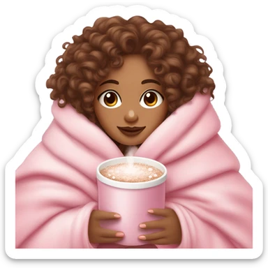Light skin girl  with brown curly hair under our pink blanket,make her look like a young  make it so you can see the curly hairsipping hot cocoa with marshmallows, cuddled around the blanket, long curly hair, long, medium lashes sticker