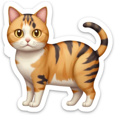 full body calico tabby cat with skinny head and fat body with an anxious face sticker