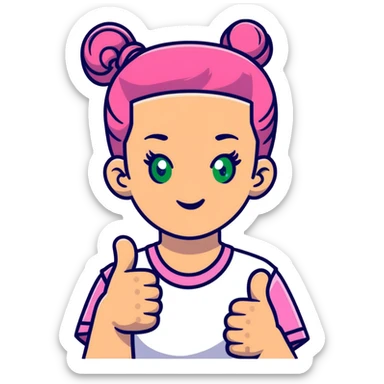 girl with pink topknot haircut and green eyes giving a thumbs up sticker