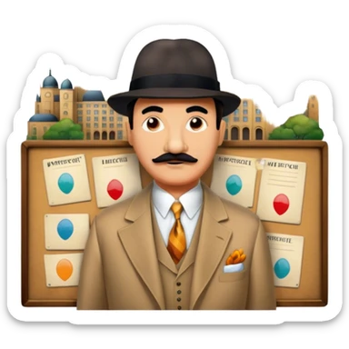 Icon for Detective Movies: A colorful collage with Hercule Poirot and mysterious city backdrop. Include a board with photos of suspects, clues like fingerprints and a crime scene. Retro movie poster style. Transparent background. sticker
