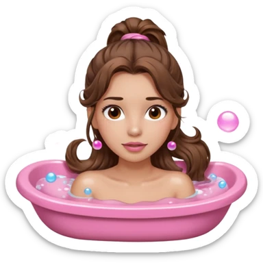 girl with wavy long ponytail brown hair, brown eyes, light to medium complexion, long lashes, light pink lipstick, wearing light pink shirt, lying in a bathtub with bubbles sticker