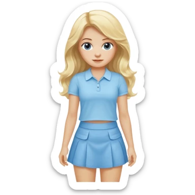 blonde woman with long wavy hair wearing baby blue mini skirt and baby blue shirt sticker