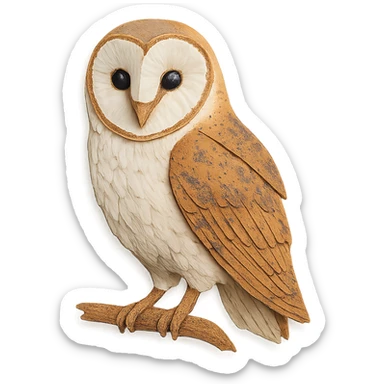 very detailed barn owl perched on a branch, intricate cut paper textures, heart-shaped face, white and golden-brown feathers, realistic markings sticker