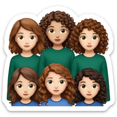 first girl with light brown hair and brown eyes, second girl with light brown hair and green eyes,third girl with brown and curly hair and brown eyes, fourth girl with dark brown hair and brown eyes, fifth girl with black hair and brown eyes,sixth girl with brown hair and brown eyes  sticker