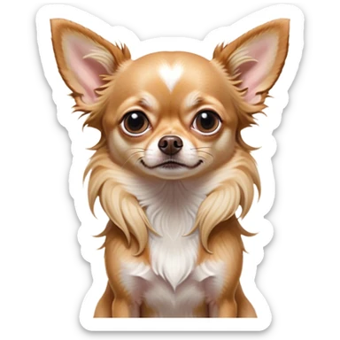 Cinematic Meme-Worthy Grumpy Long Haired Fawn Chihuahua Portrait Emoji, Head held high but eyes filled with dramatic disappointment, smooth long fawn hair cascading elegantly, deeply furrowed brow forming an unmistakable scowl, floppy ears slightly angled back in disapproval, piercing dark eyes glaring with pure exasperation, Simplified yet hilariously over-exaggerated features, highly detailed, glowing with an aura of supreme annoyance, high shine, exhausted yet judgmental, stylized with an almost regal pettiness, bright but brooding, soft glowing outline, capturing the essence of a companion that has seen it all and is thoroughly unimpressed, so meme-worthy it feels like it could instantly become the next viral sensation of grumpiness! sticker