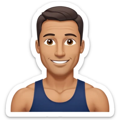 Athletic 40-year-old man with tanned light brown skin. Elongated face with defined jawline. Confident smile. Medium dark eyes, arched eyebrows. Straight nose. Wavy dark hair in a modern cut. Wearing a navy blue tank top showing fit physique. sticker