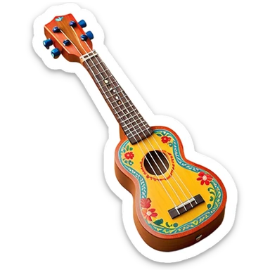 Create a vibrant and artistic emoji representing a ukulele with a Mexican design. The ukulele should feature a bright, colorful body with traditional Mexican patterns, such as geometric shapes, floral motifs, or colorful stripes. Use rich, warm tones like red, yellow, green, and blue to give the instrument a lively, festive look. Highlight the wood grain of the ukulele’s neck and fingerboard, and add subtle details like decorative inlays or a small Mexican flag symbol on the body. The strings should be clearly visible, and the instrument should be in a slightly angled position to showcase its unique design. The background should be transparent. sticker