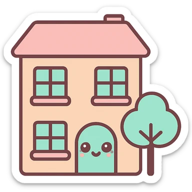 Remove the background so the building is on a transparent background, keep the kawaii chibi anime style with flat pastel colors, thick outlines, and simple cute features. sticker