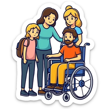 Brown haired bearded son in a wheelchair with blonde women sticker