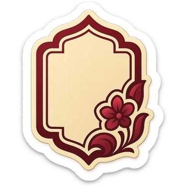eastern plaque with floral pattern, retro sticker style, burgundy and beige colors, minimalist eastern flower in corner, soft shadows, transparent background sticker