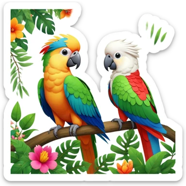 Close-up collage of vibrant Ara parrots and Inca cockatoos sitting on tree branches, surrounded by lush greenery. Bright colors of the birds stand out against a natural, sunny background of trees and flowers. Transparent background. sticker