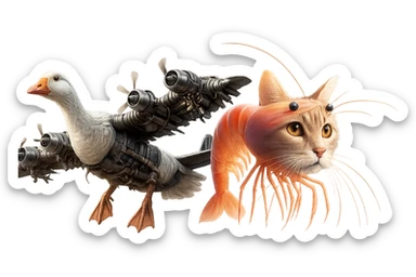 Combine both creatures from the provided images into one image, side by side, keeping their original colors, details, and realistic style unchanged, with a transparent background. sticker