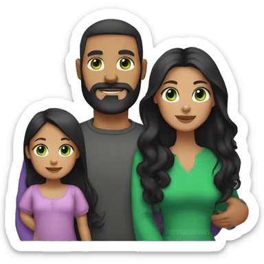 dad with black beard, white skin mom with long straight black hair and green eyes, and baby girl  with black hair purple dresses for everybody sticker