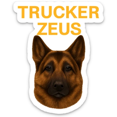 Make the background fully transparent while keeping the realistic German Shepherd and the yellow 'Trucker Zeus' text intact. Maintain maximum compression for the image. sticker