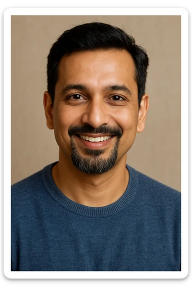 A 40-year-old Indian man with a stylish French goatee, fair skin, and a friendly, trustworthy smile. His expression is welcoming and positive. sticker