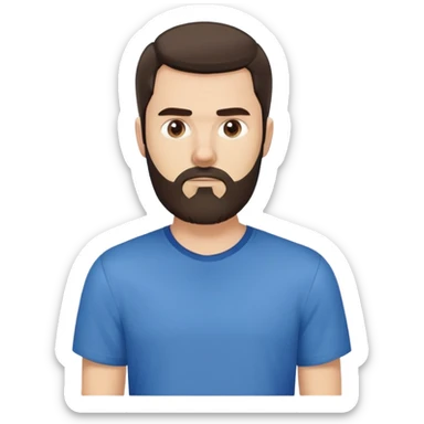 Caucasian man with long straight dark brown hair styled loose with fringe, medium-length hair, short full beard, neutral serious expression, simple blue shirt sticker