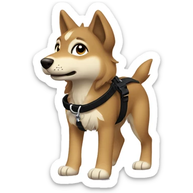 4 short legs a light brown puppy-like wolf with black hair on its ears with black leash  is walking sticker