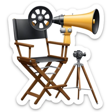Icon for Directing: a director’s chair, a film camera, a megaphone, symbolizing the essence of film direction. The design should represent the creativity, leadership, and technical skill of directing in theater and cinema. Transparent background. sticker