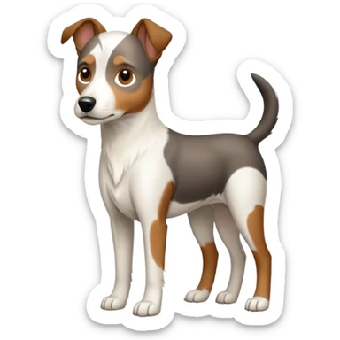 a full body large white floppy eared parson russell looking dog the size of a kelpie with light brown ears and a light brown patch on one eye and a large snout sticker