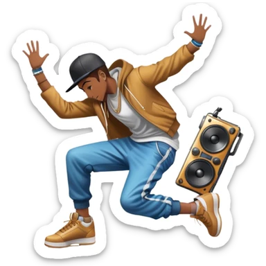 Icon for Street Dance: a dancer in urban streetwear performing a dynamic lower breakdance move, with a spray-painted background and a boombox on the asphalt. The icon should capture the energy, style, and creativity of street dance culture. Transparent background. sticker