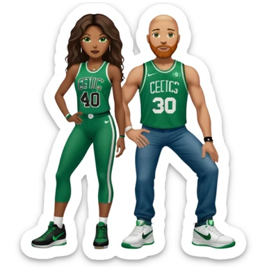 black woman and white man: 48-year-old black woman with brown eyes, long dark brown balayage hair dressed in sexy 
celtics jersey costume outfit and stilettos with bald white man with Ginger beard, and Blue eyes, in a Jason Tatum Boston Celtics Jersey, jeans and matching Nike sneakers  sticker