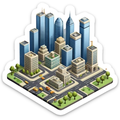 An icon showing a city-building game interface, inspired by Sim City. The design features a bustling city with roads, skyscrapers, and parks, with buildings being constructed and managed. The game’s interface, with stats and controls, is visible at the top. Transparent background. sticker