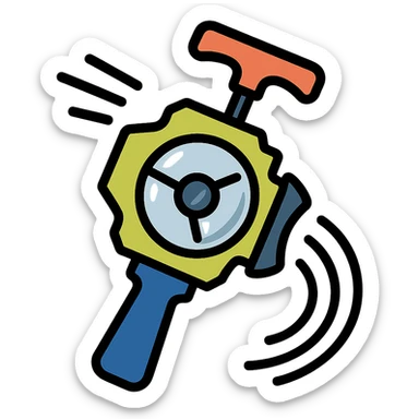 Beyblade X launcher, metallic shine, action lines, toy illustration sticker