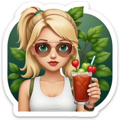 girl with blond pig tailed hair
with blue eyes
and aviator sunglasses
wearing white tank top 
holding bloody mary
wearing (rose gold apple watch with forest green band) sticker