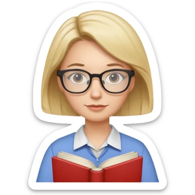 female English teacher with glasses and wearing a shirt, holding an English book sticker